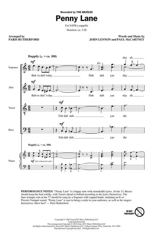 The Beatles Penny Lane (Arr. Paris Rutherford) Gemischter Chor mit Begleitung