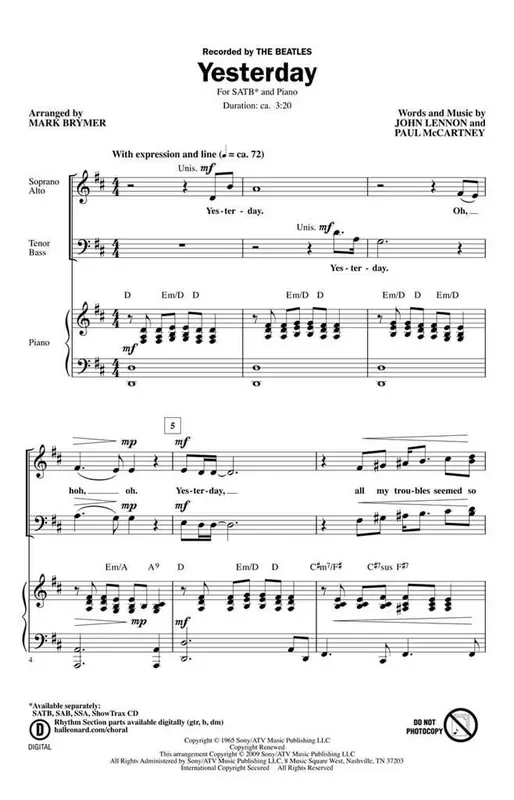 The Beatles Yesterday (Arr. Mark Brymer) Gemischter Chor mit Klavier/Orgel