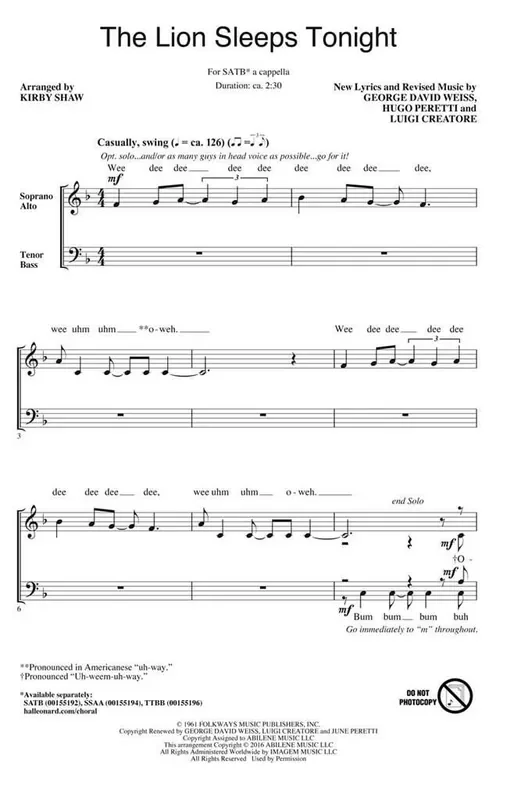 The Lion Sleeps Tonight (Arr. Kirby Shaw) Gemischter Chor A cappella
