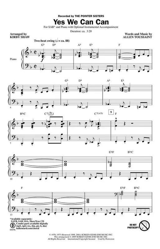 the Pointer Sisters Yes We Can Can (Arr. Kirby Shaw) Gemischter Chor mit Begleitung