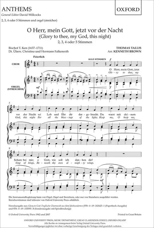 Thomas Tallis O Herr, Mein Gott, Jetzt Vor Der Nacht Gemischter Chor mit Begleitung