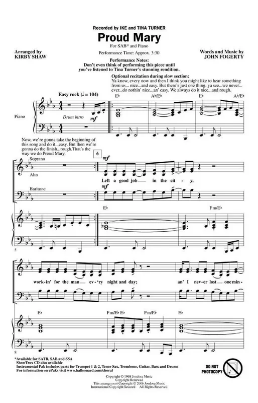 Tina Turner Proud Mary (Arr. Kirby Shaw) Gemischter Chor mit Klavier/Orgel