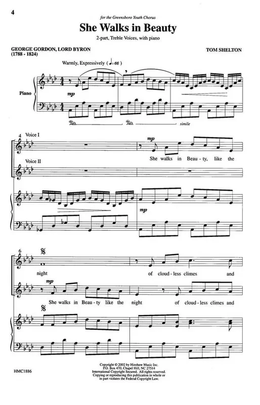 Tom Shelton She Walks In Beauty (Arr. Tom Shelton) Frauenchor mit Klavier/Orgel