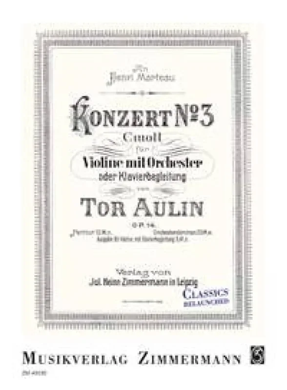Tor Aulin Konzert Nr. 3 für Violine und Klavier Violine mit Begleitung
