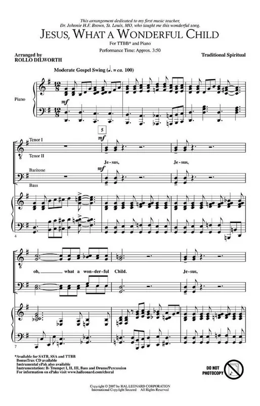 Traditional Jesus, What a Wonderful Child (Arr. Rollo Dilworth) Männerchor mit Begleitung