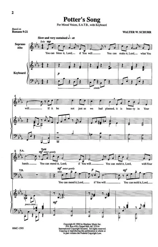 Walter W. Schurr Potter‘s Song (Arr. Walter W. Schurr) Gemischter Chor mit Klavier/Orgel