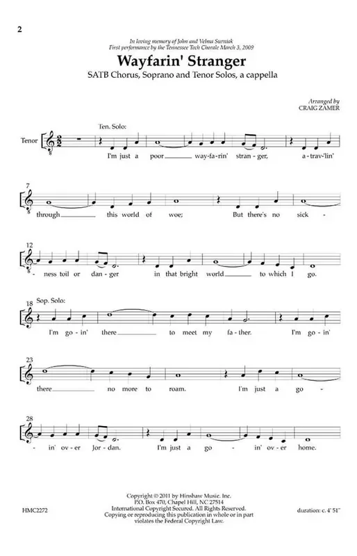 Wayfarin‘ Stranger (Arr. Craig Zamer) Gemischter Chor A cappella