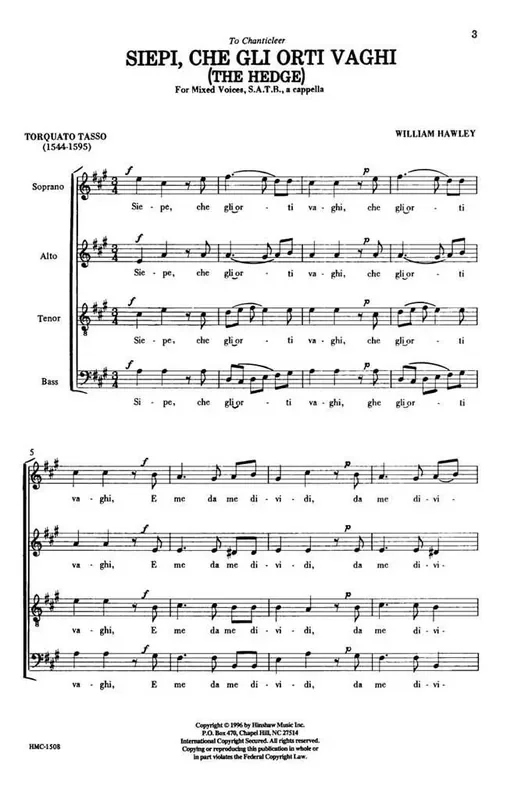 William Hawley Siepe, Chegli Orti Vaghi (Arr. William Hawley) Gemischter Chor A cappella