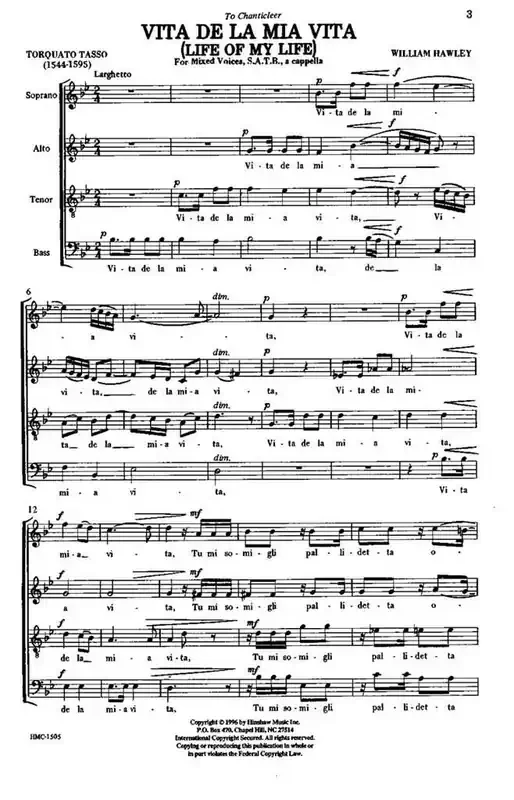 William Hawley Vita De La Mia Vita (Arr. William Hawley) Gemischter Chor A cappella
