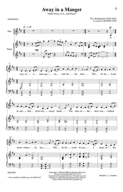 William J. Kirkpatrick Away In A Manger (Arr. Randy Cox) Frauenchor mit Klavier/Orgel