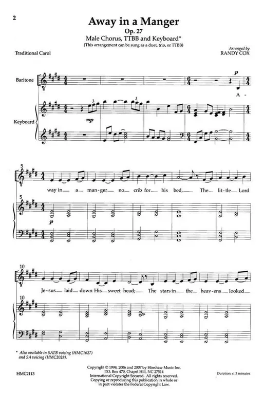 William J. Kirkpatrick Away In The Manger (Arr. Randy Cox) Männerchor mit Klavier/Orgel