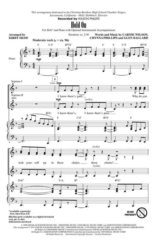 Wilson Phillips Hold On (Arr. Kirby Shaw) Frauenchor mit Begleitung