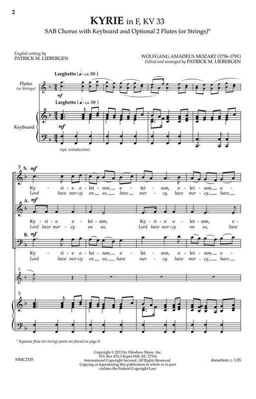 Wolfgang Amadeus Mozart Kyrie In F, Kv33 (Arr. Patrick M. Liebergen) Gemischter Chor mit Klavier/Orgel